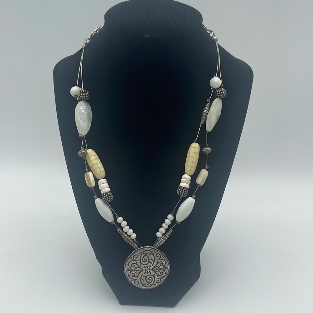 Chico’s Chicos Beaded Necklace Engraved Metal Disc Pendant Boho